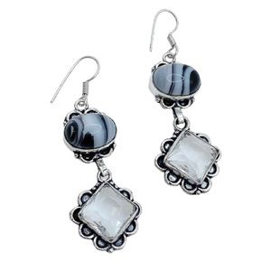 Natural Black White Zebra Jasper Gemstone earrings 925 Sterling Silver